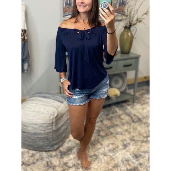 Off Shoulder Tie Front Bow Navy 0919 - Picture 2 of 8